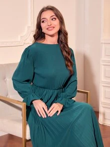 Modelyn 荷葉袖百褶下擺連衣裙 - 水鴨藍 - 查看 3