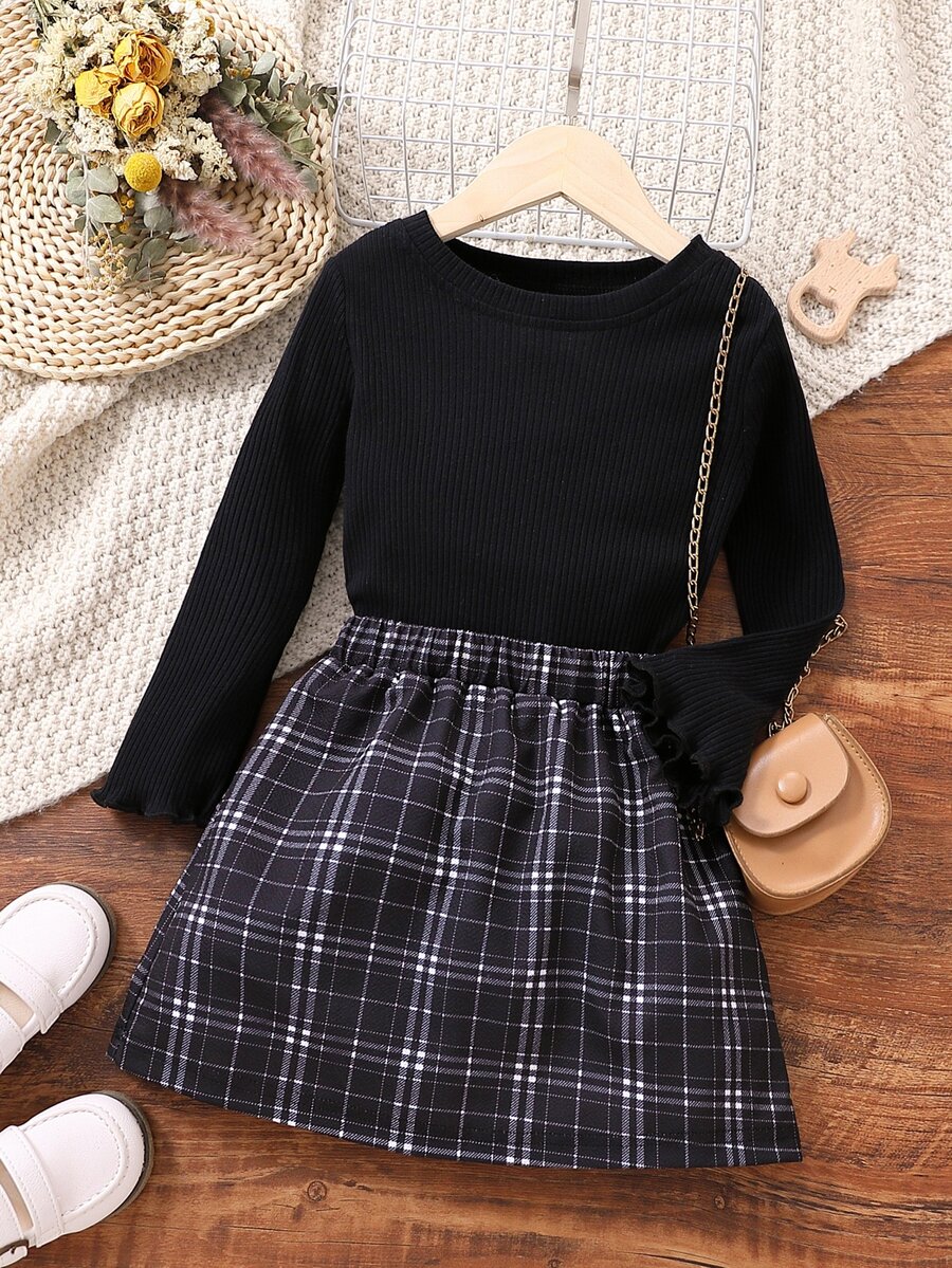 Toddler Girls Ribbed Knit Tee & Plaid Print Skirt - Black - View 1