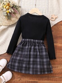 Toddler Girls Ribbed Knit Tee & Plaid Print Skirt - Black - View 2