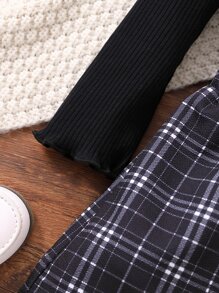 Toddler Girls Ribbed Knit Tee & Plaid Print Skirt - Black - View 6