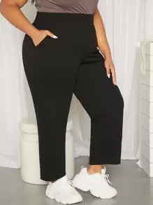 SHEIN CURVE+ Plus Slant Pocket Solid Trousers - Black - View 4