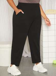 SHEIN CURVE+ Plus Slant Pocket Solid Trousers - Black - View 1