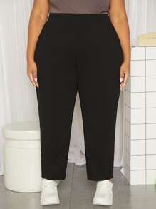 SHEIN CURVE+ Plus Slant Pocket Solid Trousers - Black - View 6