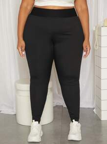 SHEIN CURVE+ Plus Solid High Waist Leggings - Black - View 3