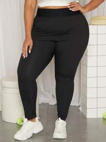 SHEIN CURVE+ Plus Solid High Waist Leggings - Black - View 4