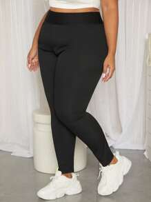 SHEIN CURVE+ Plus Solid High Waist Leggings - Black - View 5