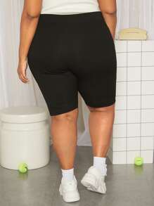 SHEIN CURVE+ Plus Solid High Waist Cycling Shorts - Black - View 3