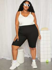 SHEIN CURVE+ Plus Solid High Waist Cycling Shorts - Black - View 4