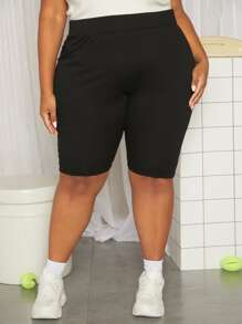 SHEIN CURVE+ Plus Solid High Waist Cycling Shorts - Black - View 5