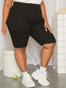 SHEIN CURVE+ Plus Solid High Waist Cycling Shorts - Black - View 6