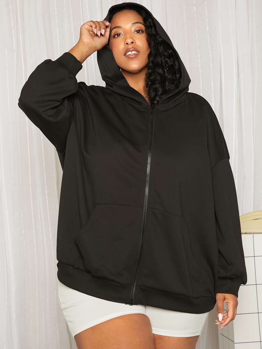 SHEIN CURVE+ Plus Zip Up Drop Shoulder Hoodie - Black - View 1