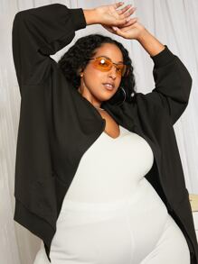 SHEIN CURVE+ Plus Zip Up Drop Shoulder Hoodie - Black - View 5