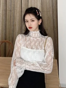 素色荷葉袖薄透蕾絲上衣 - 白色 - 查看 3