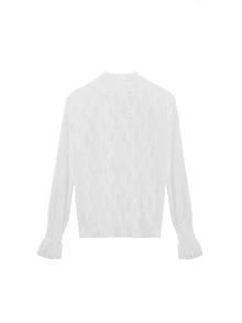 素色荷葉袖薄透蕾絲上衣 - 白色 - 查看 5