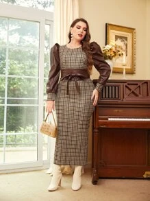 Modelyn Plus Plaid Print Puff Sleeve Split Back Belted Dress - Multicolor - View 1