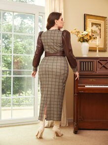 Modelyn Plus Plaid Print Puff Sleeve Split Back Belted Dress - Multicolor - View 2