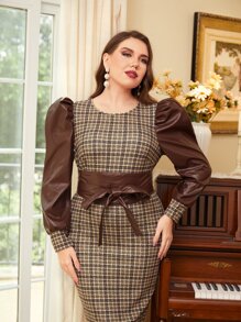 Modelyn Plus Plaid Print Puff Sleeve Split Back Belted Dress - Multicolor - View 3