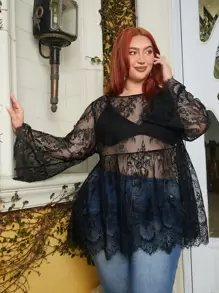 SHEIN CURVE+ áo nữ kích thước lớn Viên lá sen cắt màu trơn Gợi cảm - màu đen - Xem 1