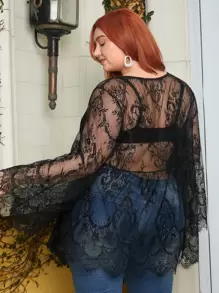 SHEIN CURVE+ áo nữ kích thước lớn Viên lá sen cắt màu trơn Gợi cảm - màu đen - Xem 2