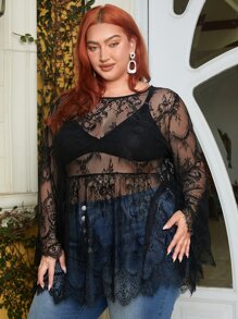 SHEIN CURVE+ áo nữ kích thước lớn Viên lá sen cắt màu trơn Gợi cảm - màu đen - Xem 4