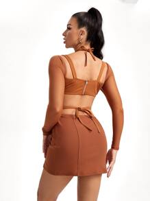 Adiva Marie Co. Tie Back Crop Top & Split Hem Skirt Set - Brown - View 2