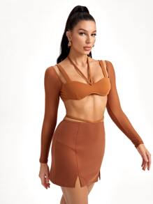 Adiva Marie Co. Tie Back Crop Top & Split Hem Skirt Set - Brown - View 3
