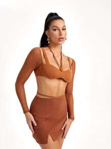 Adiva Marie Co. Tie Back Crop Top & Split Hem Skirt Set - Brown - View 5