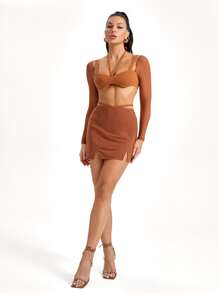 Adiva Marie Co. Tie Back Crop Top & Split Hem Skirt Set - Brown - View 6