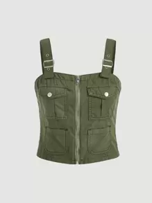 SHEIN MOD Áo khoác denim nữ Nút Túi Dây kéo Thùa khuyết màu trơn Giải trí - xanh quân đội - Xem 1