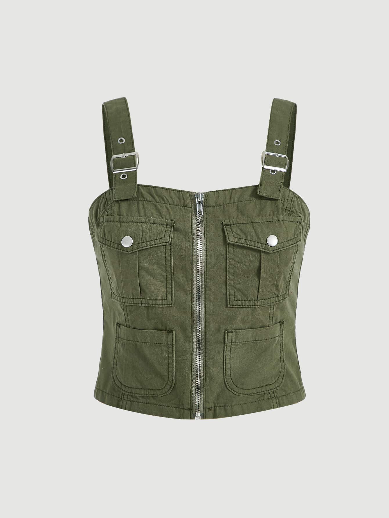 SHEIN MOD Áo khoác denim nữ Nút Túi Dây kéo Thùa khuyết màu trơn Giải trí - xanh quân đội - Xem 1