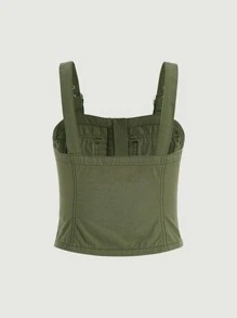 SHEIN MOD Áo khoác denim nữ Nút Túi Dây kéo Thùa khuyết màu trơn Giải trí - xanh quân đội - Xem 2