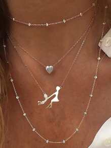 1pc Multi-Layered Heart-Shaped Rice Beads Necklace For Mother And Child, Perfect For Gathering - Yellow Gold - View 1