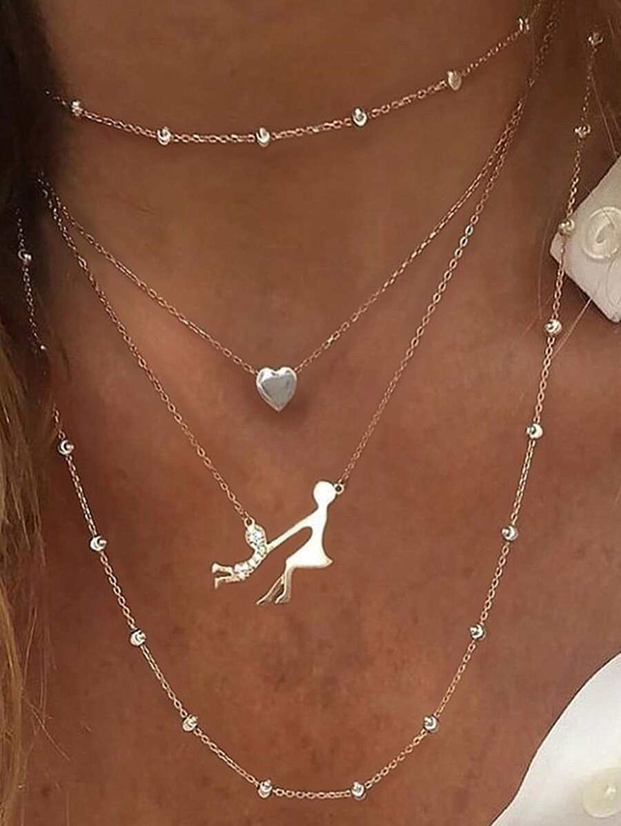 1pc Multi-Layered Heart-Shaped Rice Beads Necklace For Mother And Child, Perfect For Gathering - Yellow Gold - View 1