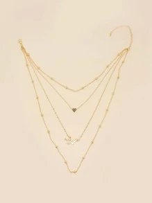 1pc Multi-Layered Heart-Shaped Rice Beads Necklace For Mother And Child, Perfect For Gathering - Yellow Gold - View 2