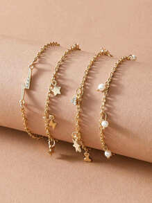 4pcs Star & Rhinestone Charm Bracelet - Yellow Gold - View 1