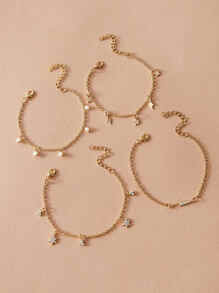 4pcs Star & Rhinestone Charm Bracelet - Yellow Gold - View 2