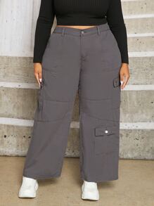 SHEIN CURVE+ Plus Flap Pocket Wide Leg Jeans - Dark Grey - View 2