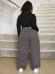 SHEIN CURVE+ Plus Flap Pocket Wide Leg Jeans - Dark Grey - View 3