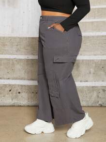 SHEIN CURVE+ Plus Flap Pocket Wide Leg Jeans - Dark Grey - View 1