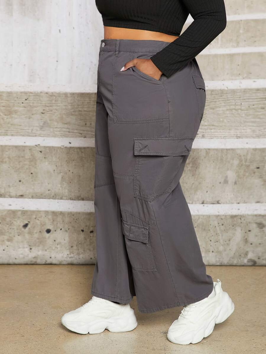 SHEIN CURVE+ Plus Flap Pocket Wide Leg Jeans - Dark Grey - View 1