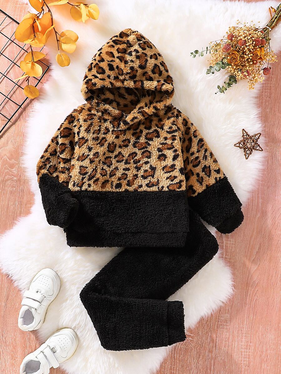 Toddler Girls Leopard Pattern Flannel Hoodie & Trousers - Multicolor - View 1