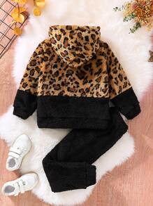 Toddler Girls Leopard Pattern Flannel Hoodie & Trousers - Multicolor - View 2