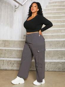 SHEIN CURVE+ Plus Flap Pocket Wide Leg Jeans - Dark Grey - View 4