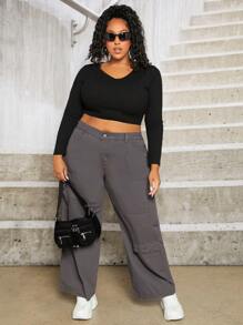 SHEIN CURVE+ Plus Flap Pocket Wide Leg Jeans - Dark Grey - View 5