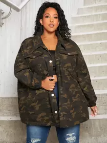 SHEIN CURVE+ 大码迷彩印花落肩衬垫大衣 - 彩色 - 查看 3