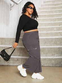 SHEIN CURVE+ Plus Flap Pocket Wide Leg Jeans - Dark Grey - View 6