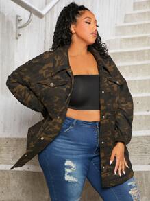 SHEIN CURVE+ 大码迷彩印花落肩衬垫大衣 - 彩色 - 查看 2