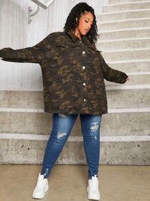 SHEIN CURVE+ 大码迷彩印花落肩衬垫大衣 - 彩色 - 查看 1