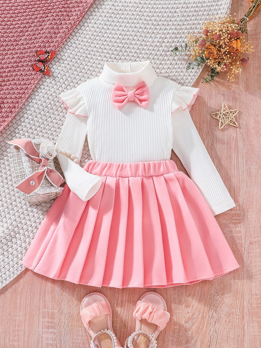 Toddler Girls Ruffle Trim Bow Front Tee & Pleated Skirt - Multicolor - View 1