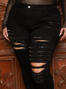 SHEIN CURVE+ Jeans ajustados desgarro con diseño de tachuela - Negro - Ver 6